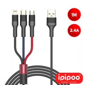 Καλώδιο Σύνδεσης Ipipoo KP-40 USB DATA 3 σε 1 Micro / Type C / Lighting 1 Μέτρο - Μαύρο